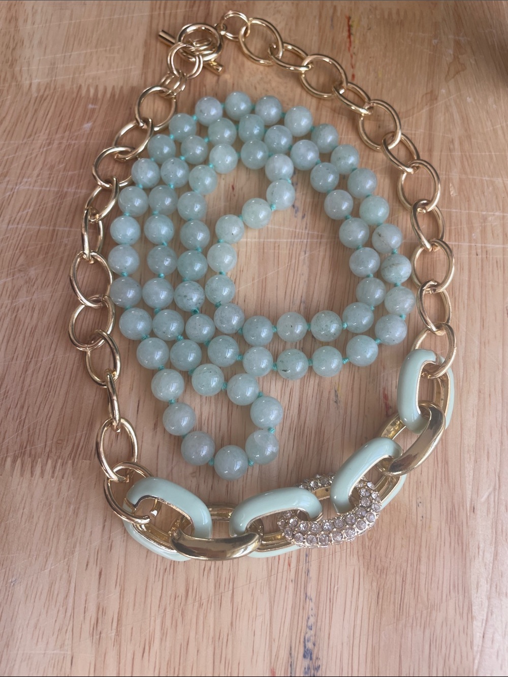 Gold Chain Link Toggle W/ mint and Crystal links Paired with Jadeite Beads - Picture 8 of 10